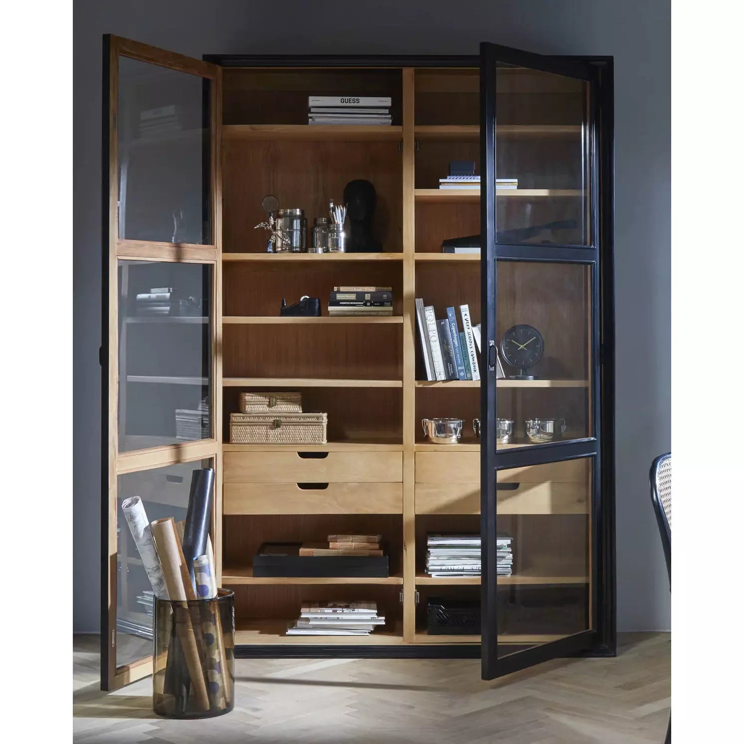 Nordal Viva Storage Cabinet Black With Glass Doors Drawers Mahogany Wood