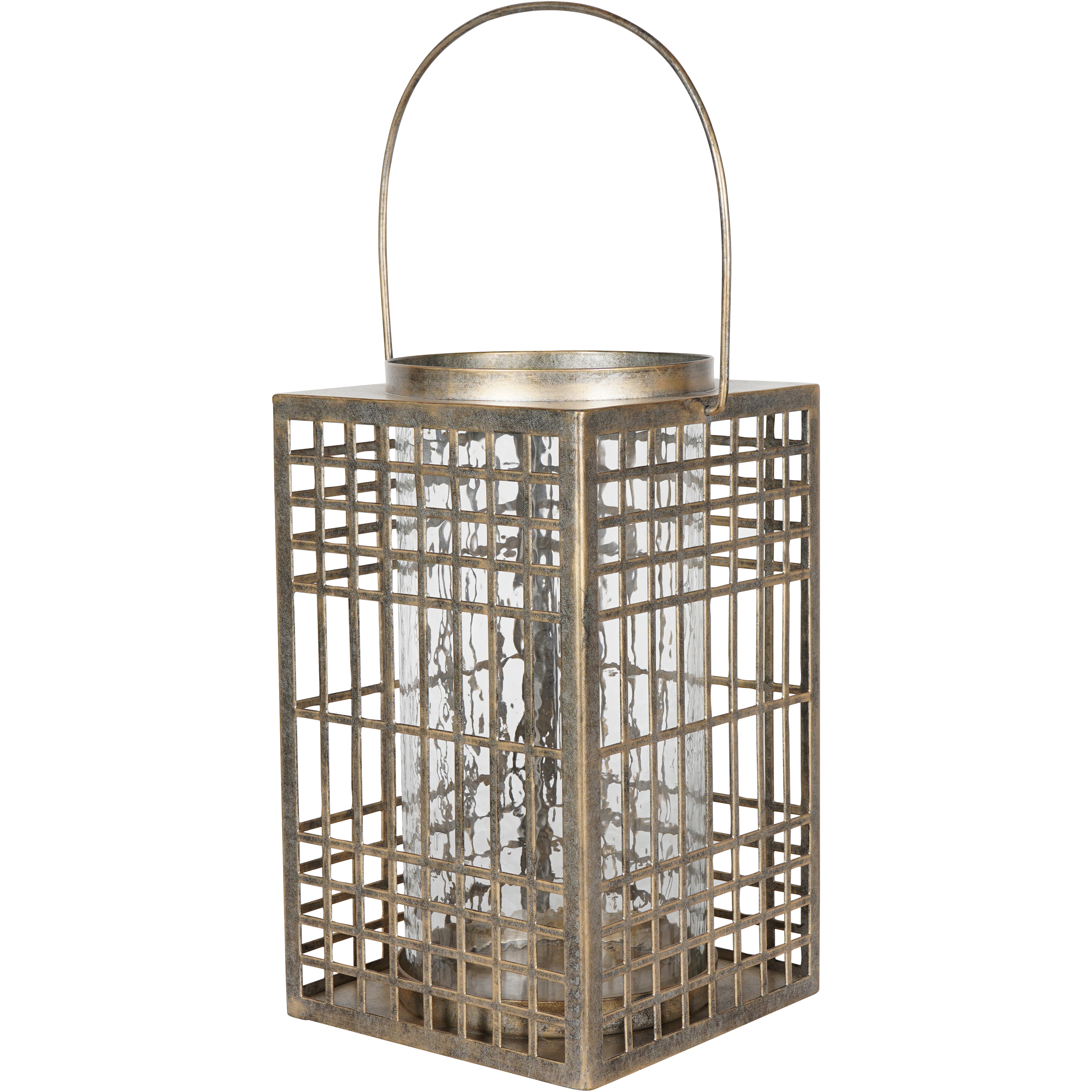 Barbosa Fretwork Square Lantern in Aged Gold with Glass Flute 33cm