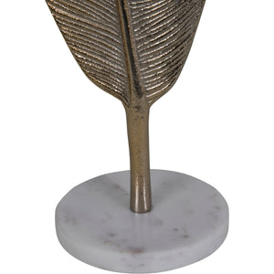 Strand Champagne Gold Feather Sculpture on White Marble Base