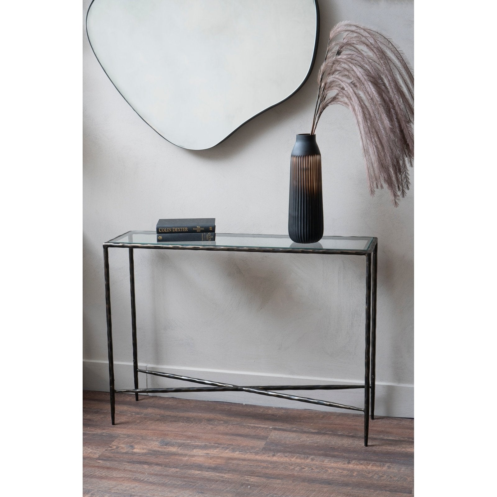 Dalton Hand Forged Console Table Small Dark Bronze with Glass Top 110x30cm