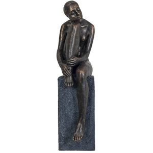 Pensive Lady Sculpture In Bronze Resin