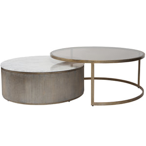 Pavillion Aged Gold Set of 2 Nesting Coffee Tables with Marble and Tinted Glass