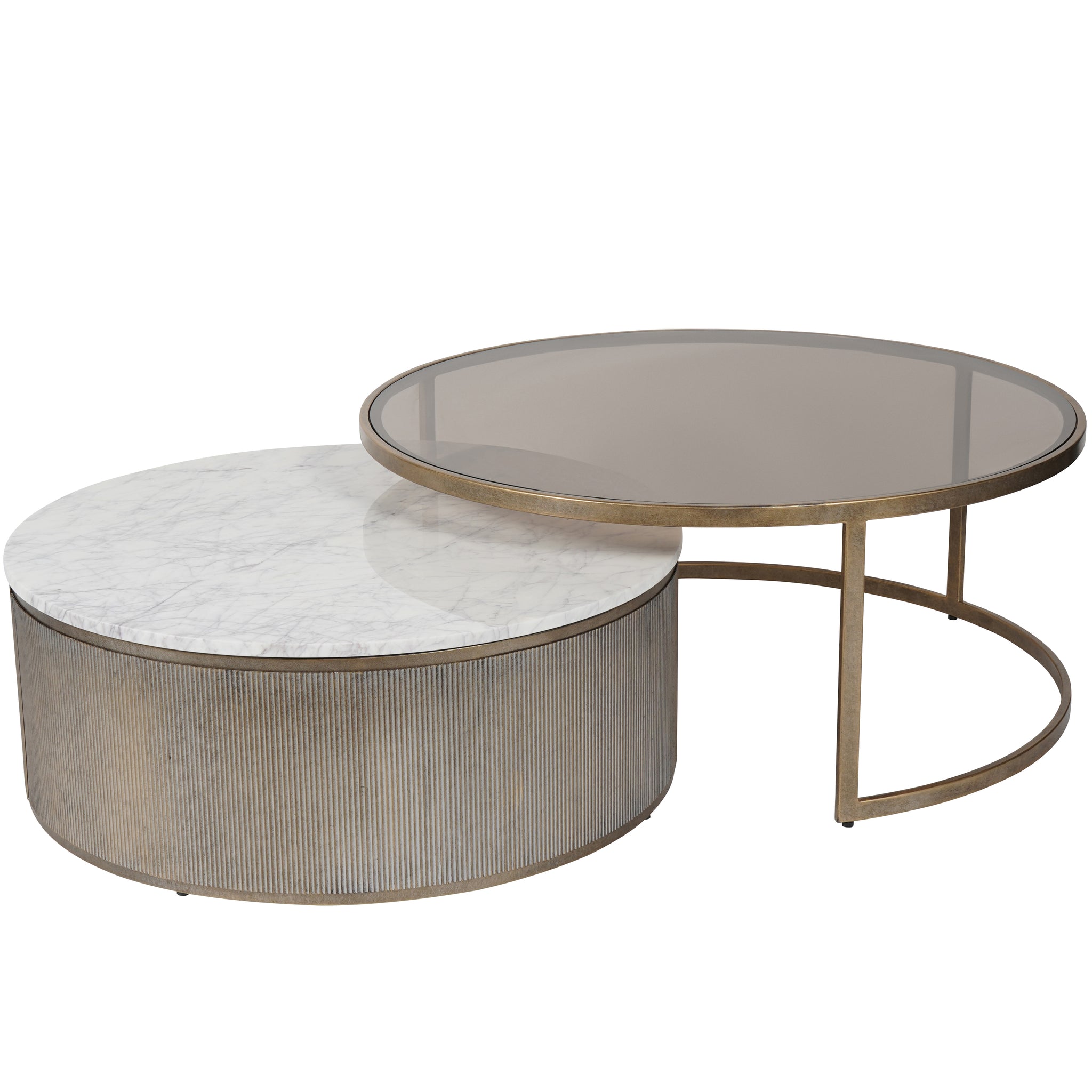 Pavillion Aged Gold Set of 2 Nesting Coffee Tables with Marble and Tinted Glass