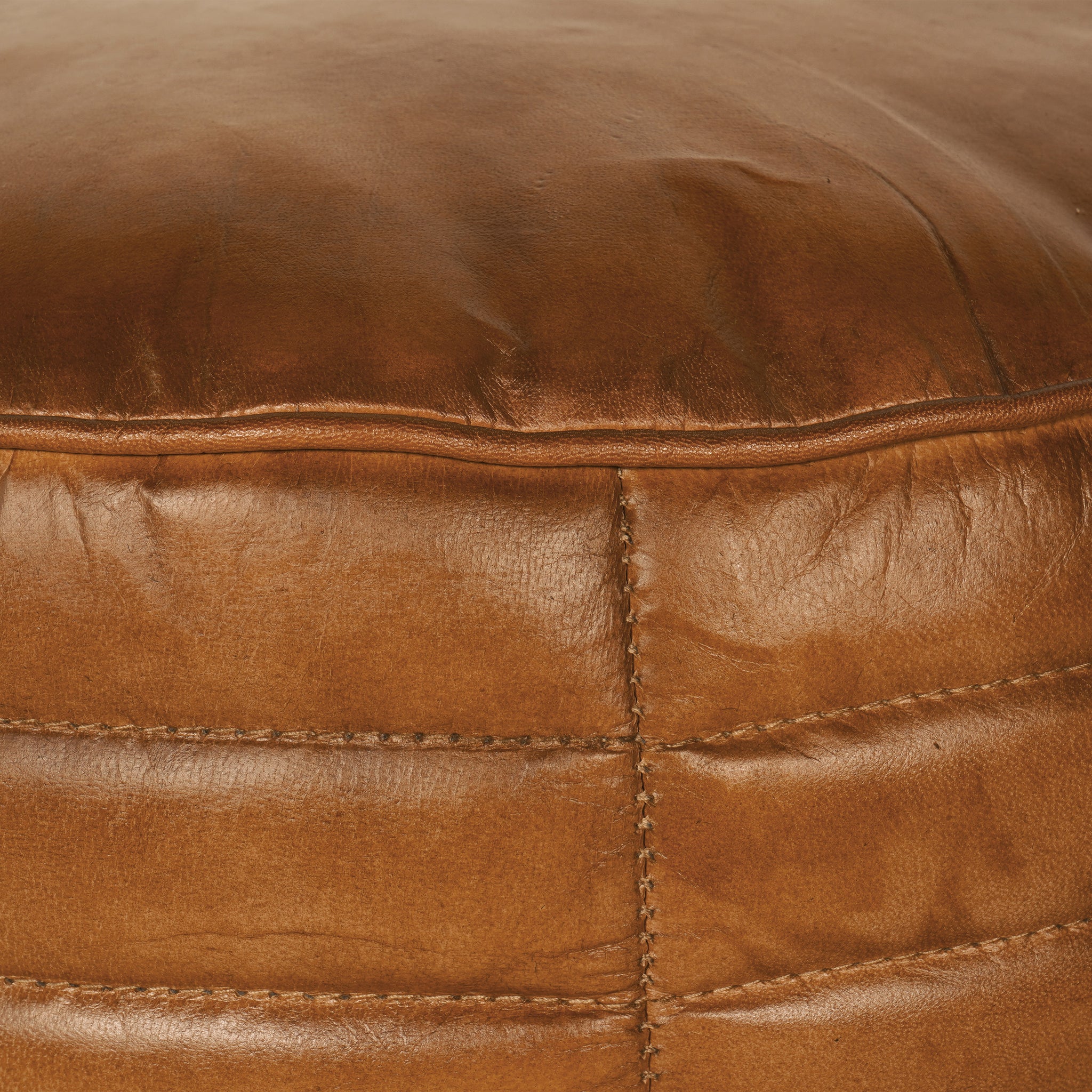 Round Leather Pouffe in Cognac
