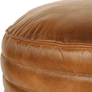 Round Leather Pouffe in Cognac