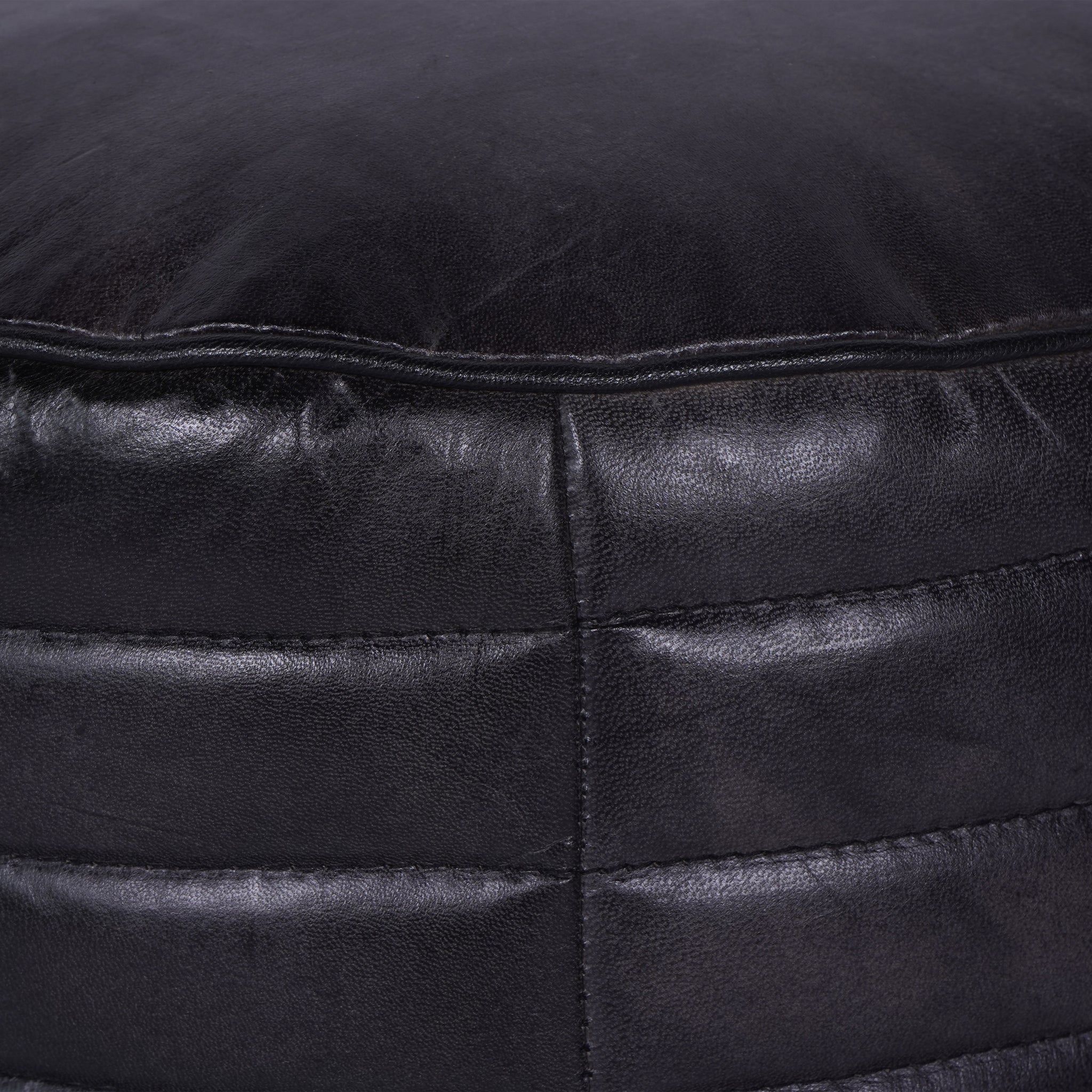 Round Leather Pouffe in Charcoal
