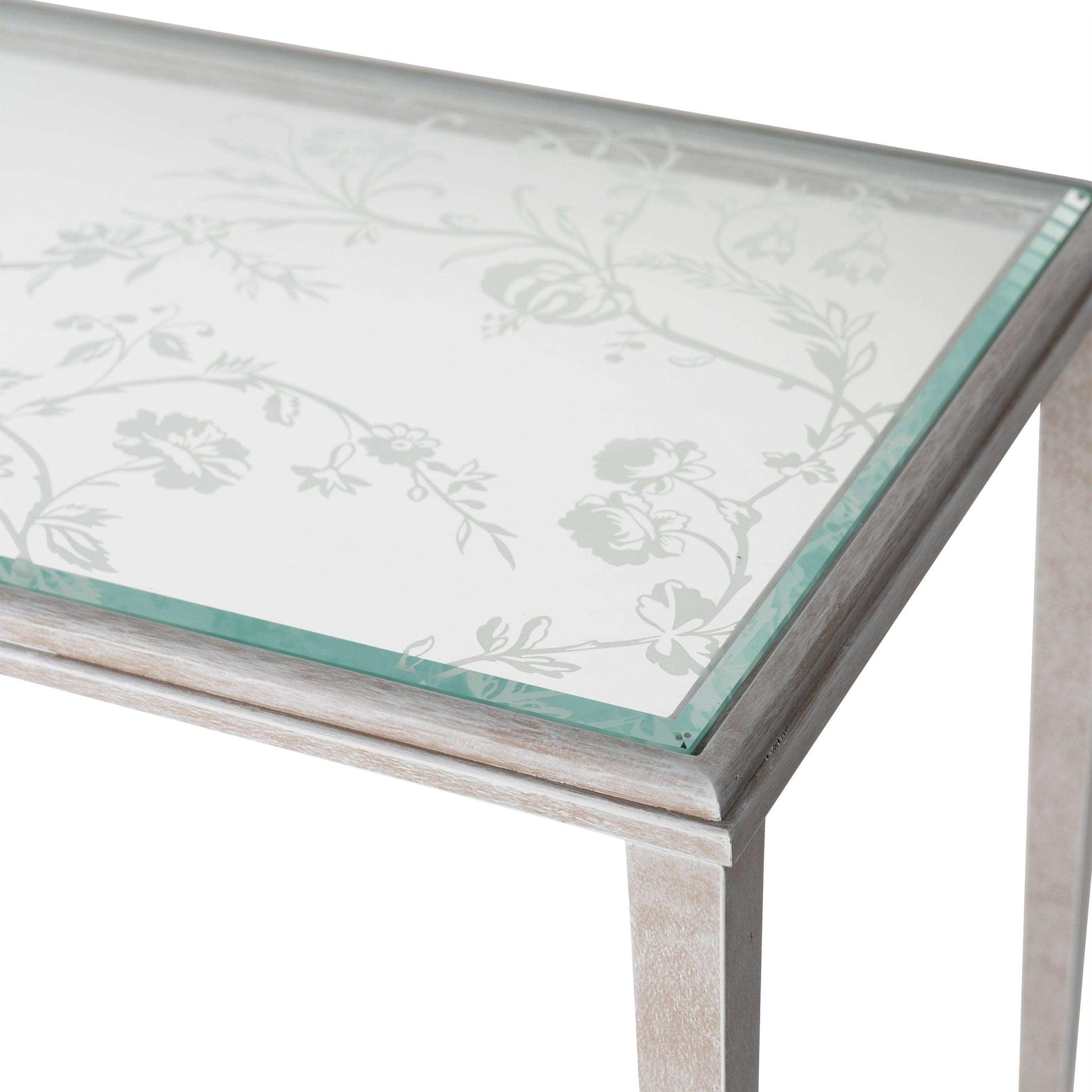 Arlo Etched Glass Distressed White Iron Console Table