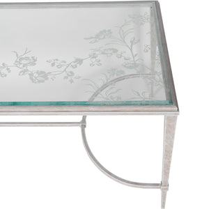 Arlo Etched Glass Distressed White Iron Coffee Table