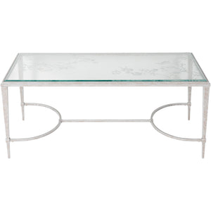 Arlo Etched Glass Distressed White Iron Coffee Table