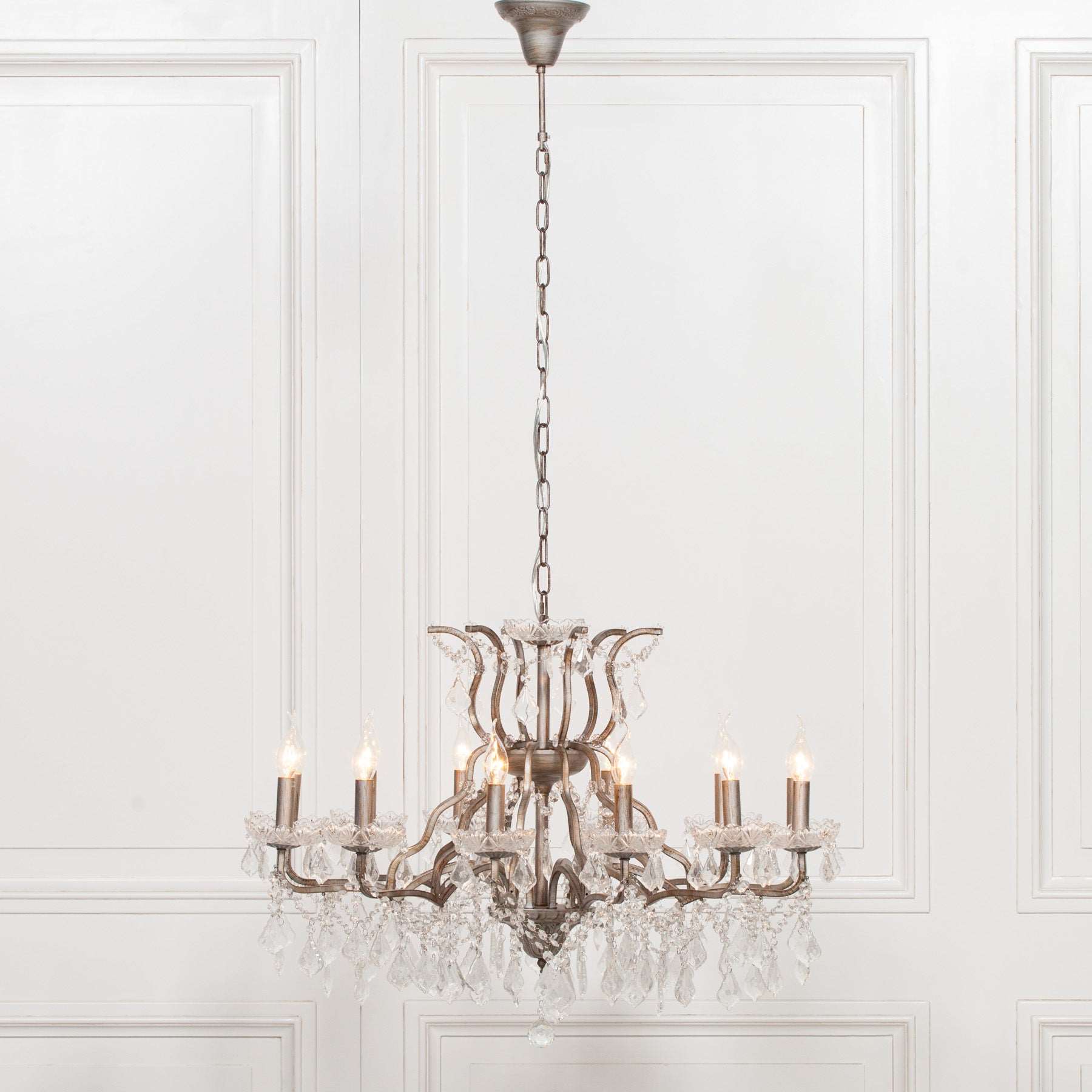 Antiqued Silver 12 Branch Shallow Cut Glass Chandelier