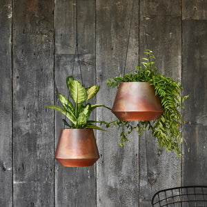 Indoor Soho Aged Copper Hanging Planter With Leather Strap Large