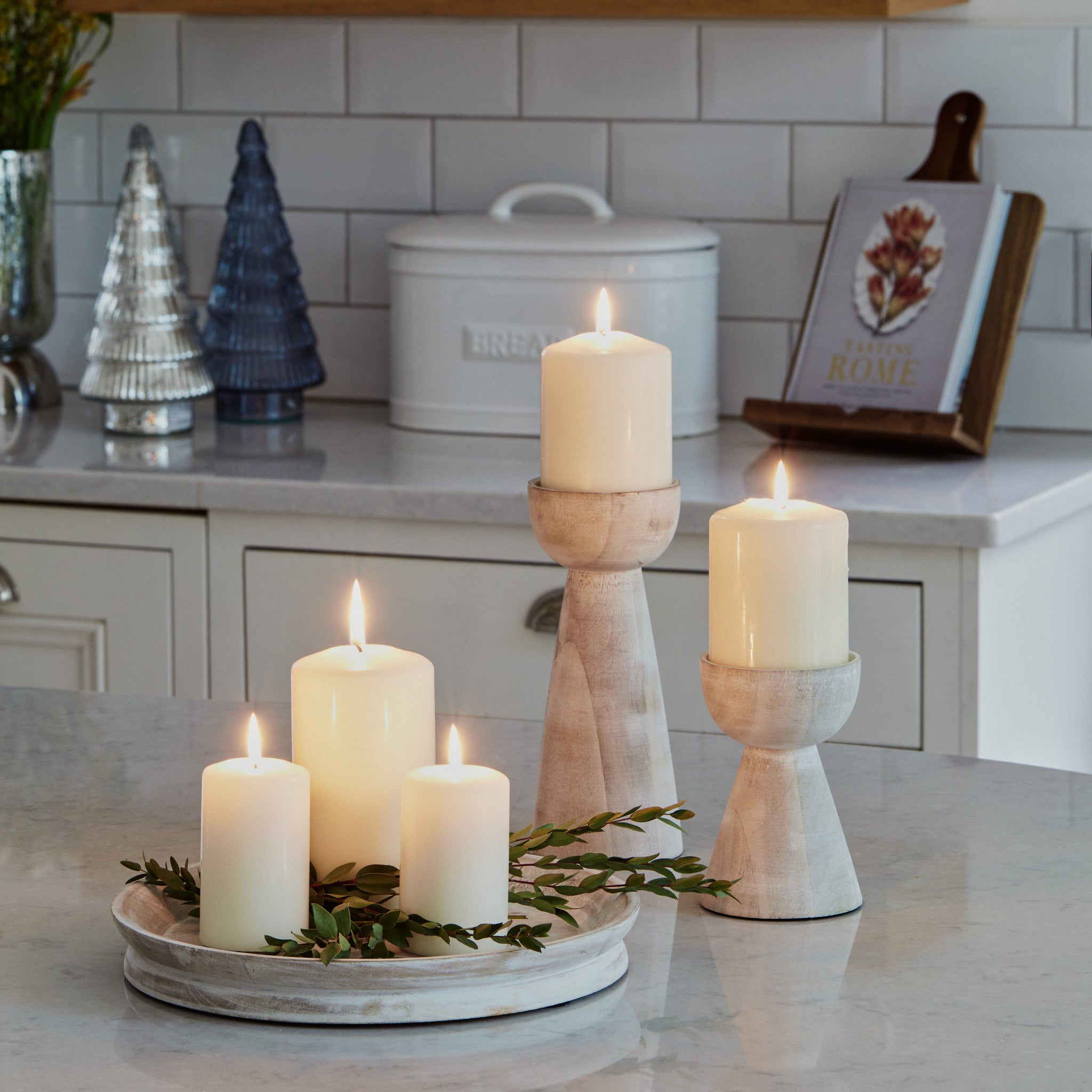 Padstow White Wash Wooden Candle Holders Set of 2