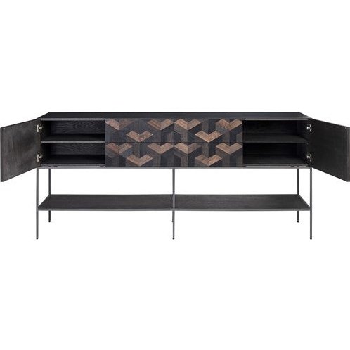 Illusion Large Sideboard With Top Rack Shelving Oak Parquet Black Steel Frame