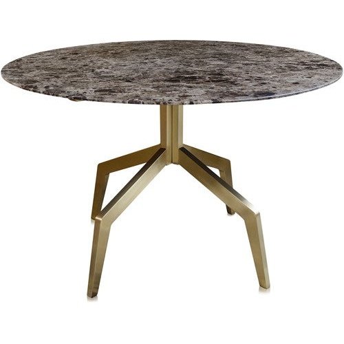 Razor Round Dining Table Brown Marble Top Brushed Gold Metal Legs 120 Cm