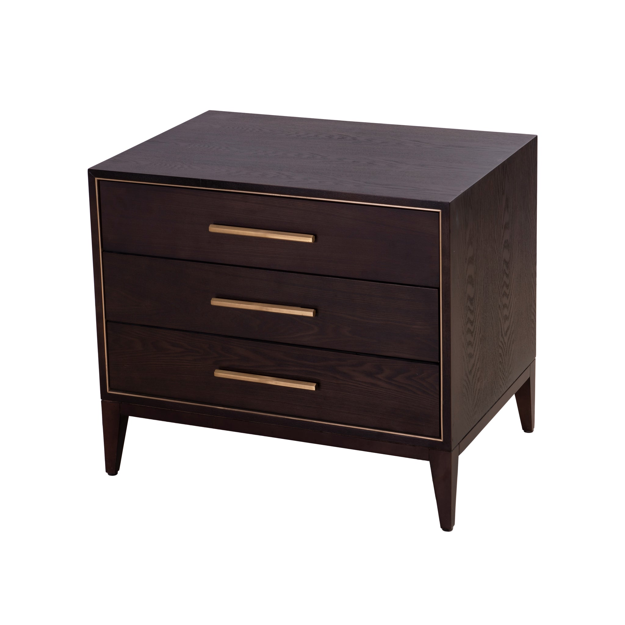 Tomas 3 Drawer Chocolate Bedside Table Brass Inlay Detail