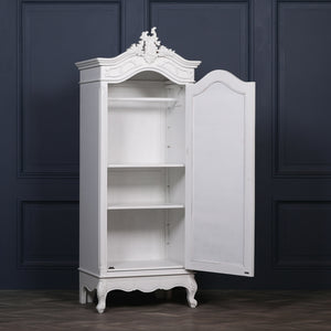 French White Carved Single Door Armoire with Mirrored Door