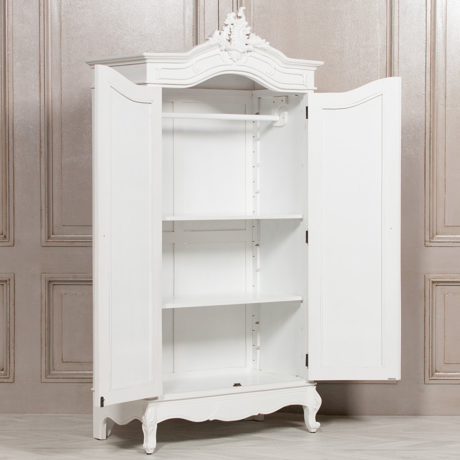 French Style White Carved Double Full Mirrored Armoire