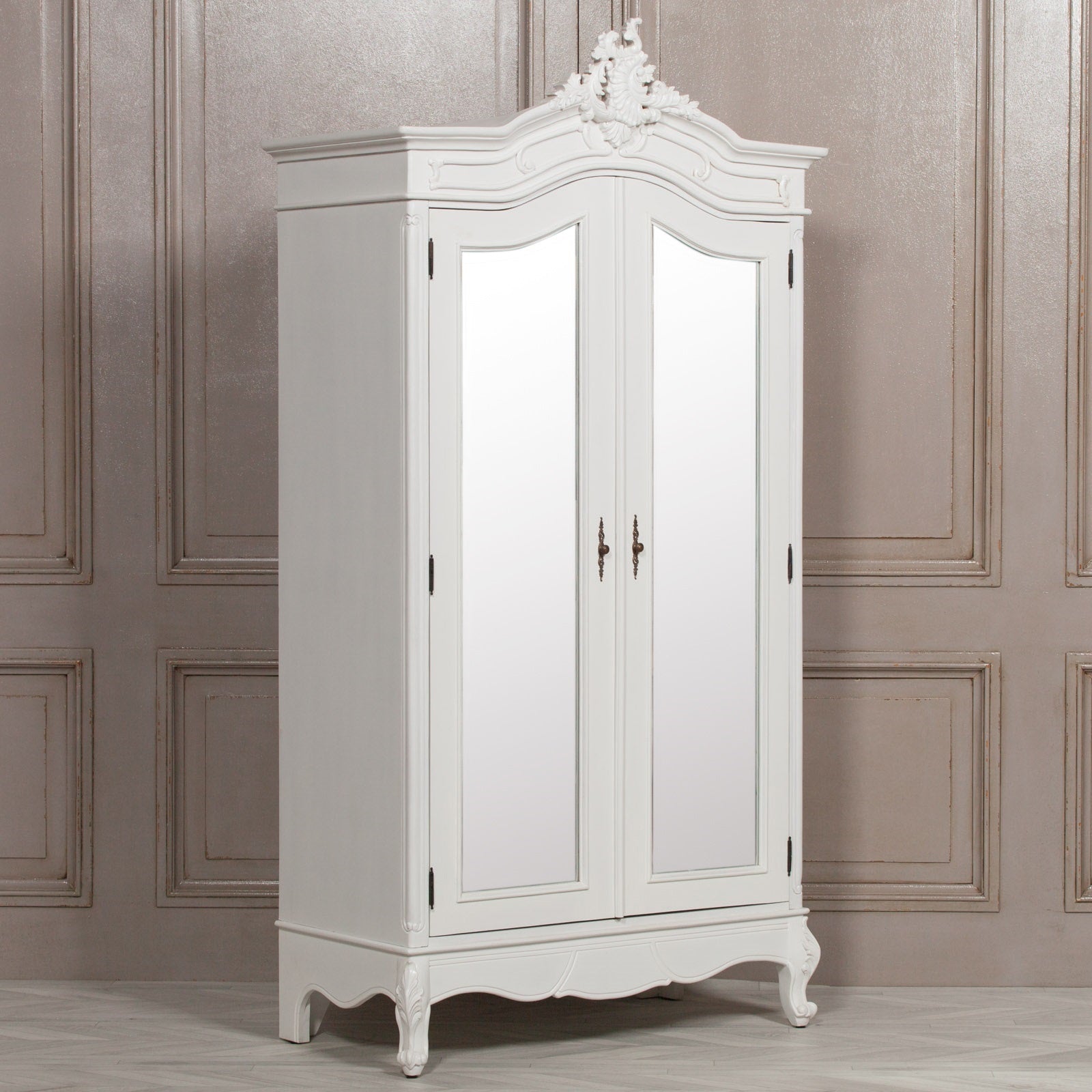 French Style White Carved Double Full Mirrored Armoire