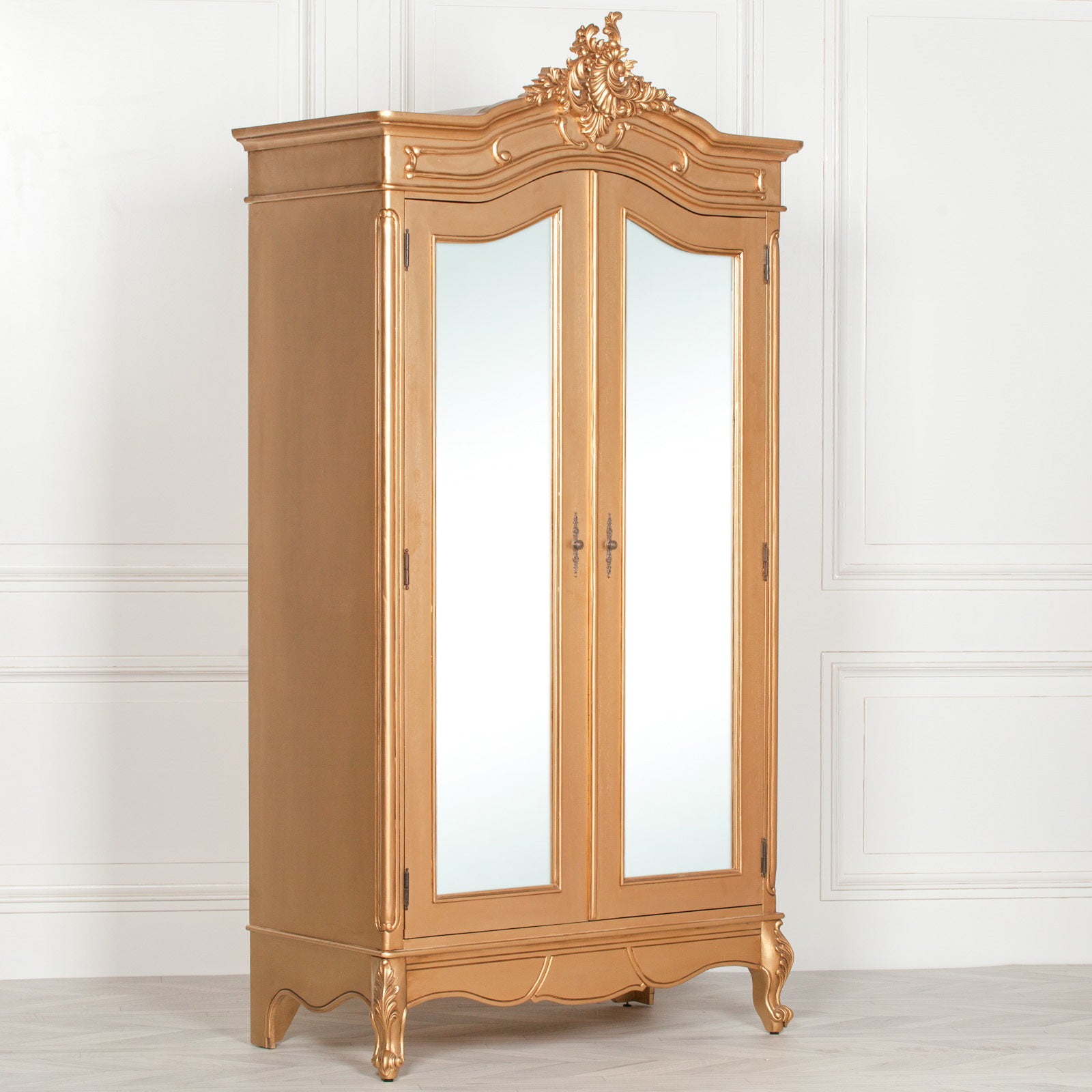 French Style Gold Carved Double Full Mirrored Armoire