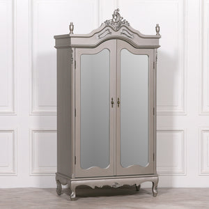 French Antique Silver Double Mirrored Door Armoire
