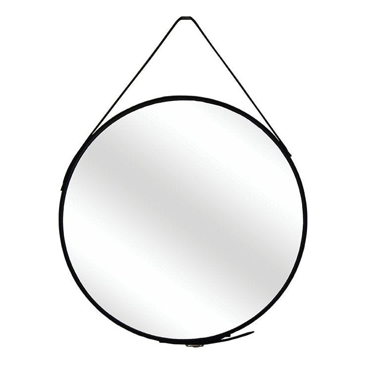 Round Wall Mirror Black Metal Frame Black Leather Strap