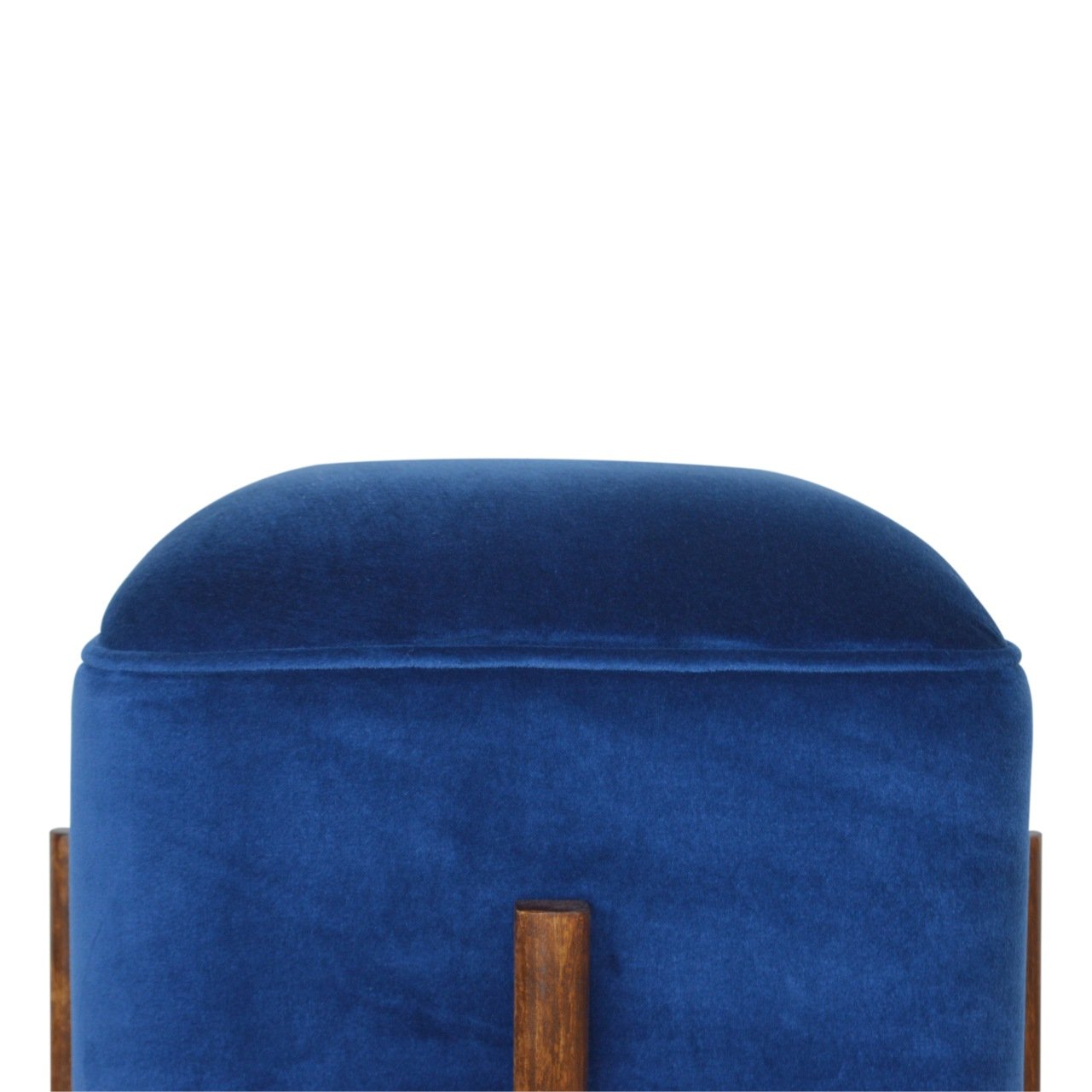 Royal Blue Velvet Footstool with Solid Wood Legs