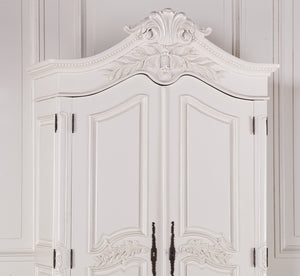 Wooden Carved French Chateau White Double Armoire