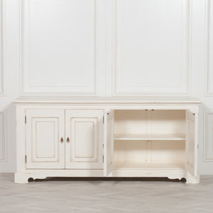 Distressed Aged White Brush Painted Classical Sideboard