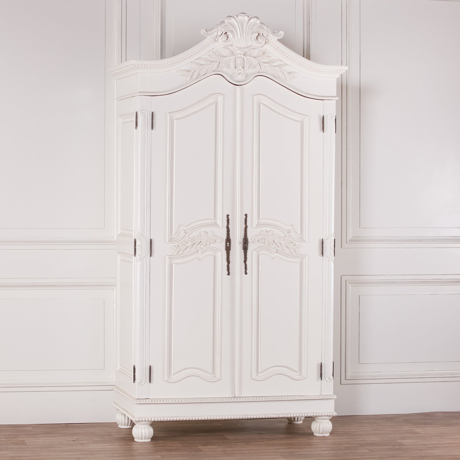Wooden Carved French Chateau White Double Armoire